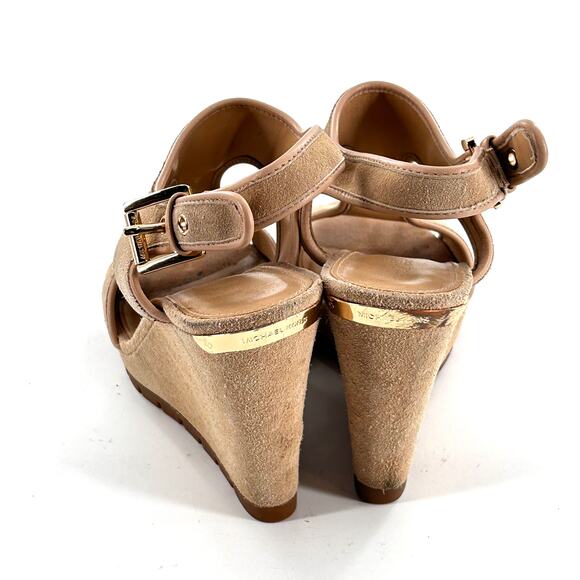Michael Kors Gillian Wedge Sandals 8.5 Tan Suede Heels Resort Travel Beach - Picture 6 of 7